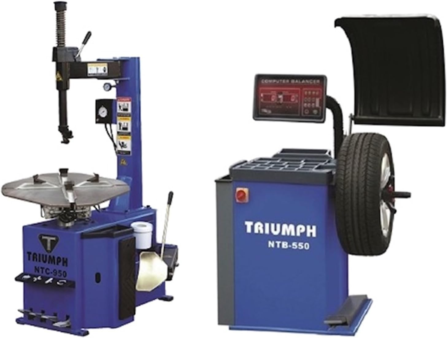 Triumph NTC-950 tire changer next to the NTB-550 computer wheel balancer